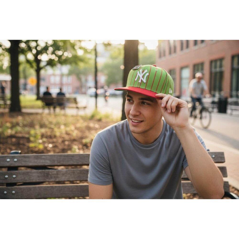 New Era NY Yankees Big League Chew Pinstripe Hat 7 1/2 Green Red Cap - Picture 2 of 10
